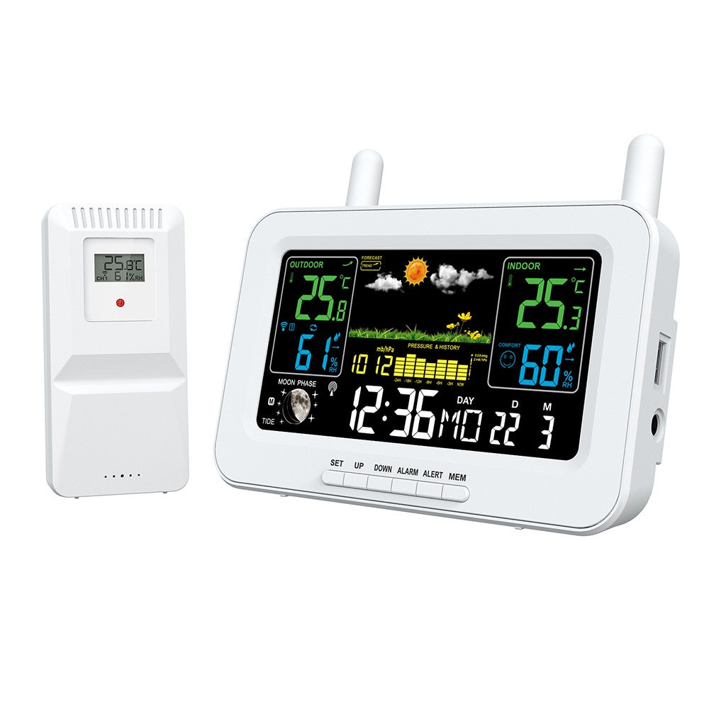 Wireless Weather Station with LCD Color Display: Indoor Outdoor Thermometer, Humidity Monitor, Forecast, Air Pressure, Clock, Adjustable Backlight, Alarm Alert, Outdoor Sensor