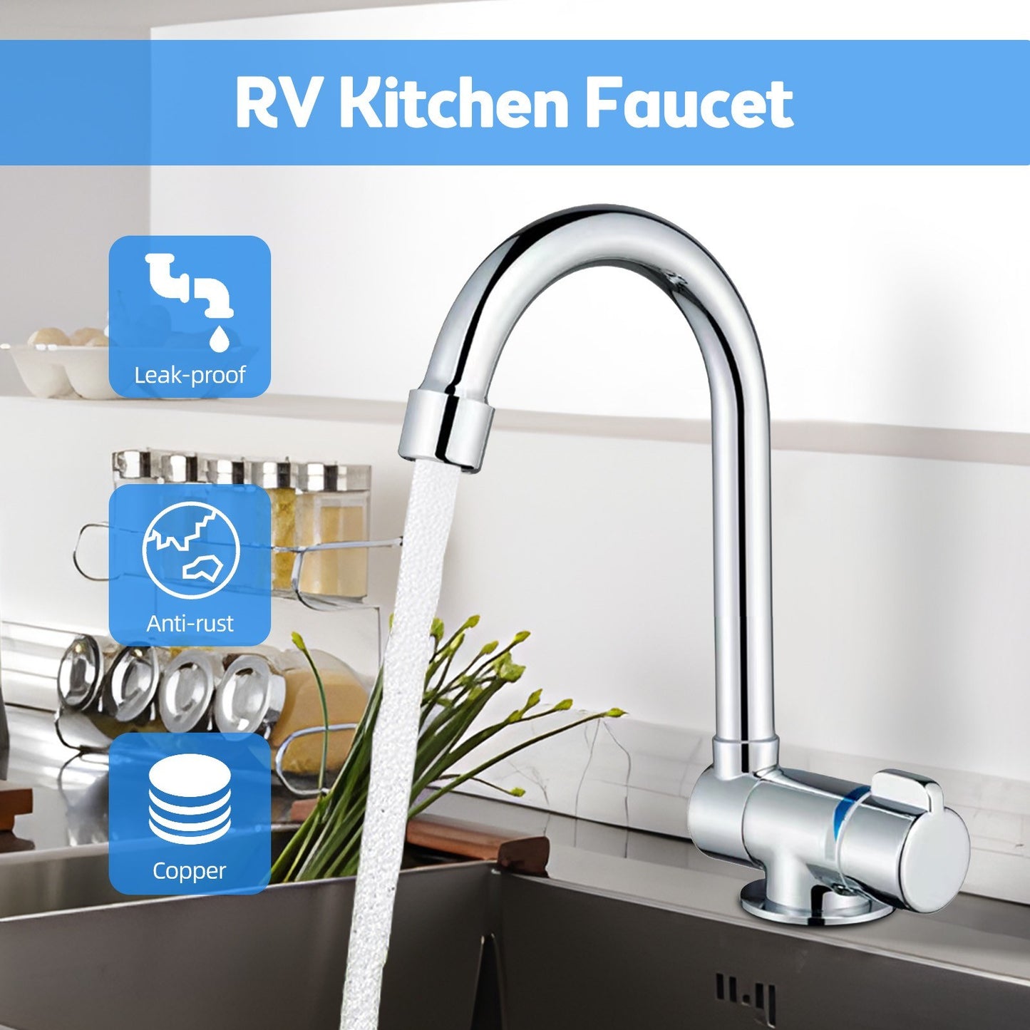 360° Swivel Folding Kitchen Faucet, Single Handle with Water Supply Hoses for RV & Yacht Basin