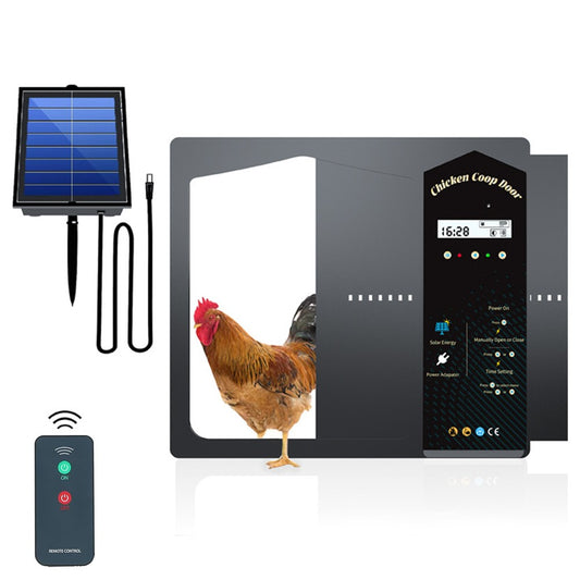 Solar Powered Automatic Chicken Coop Door, 4 Modes: Remote, Timer, Light Sensor, Manual, LCD Screen, Weatherproof, Aluminum, Anti-Pinch Design