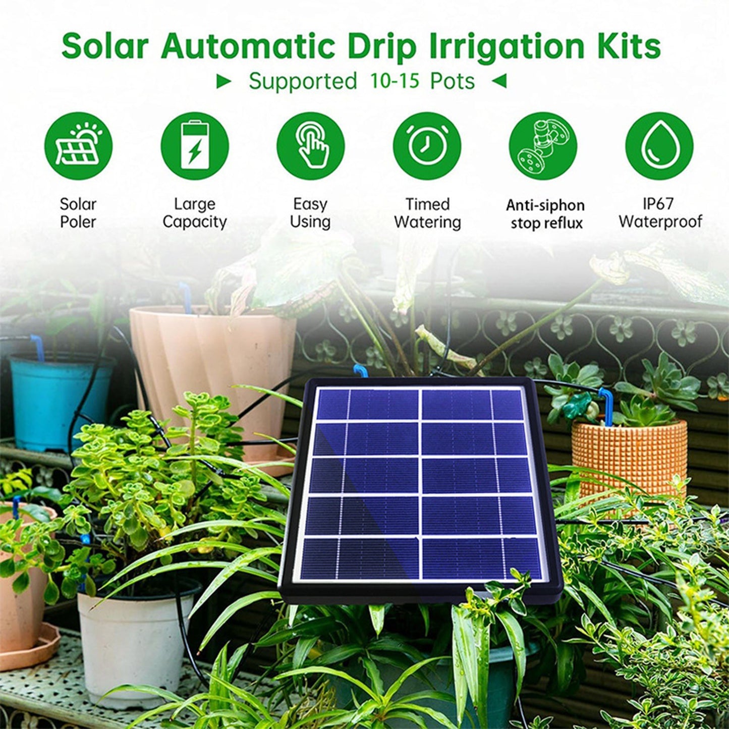 Solar Powered Automatic Drip Irrigation Kit with Anti-Siphon System, 1-600s Timer, DIY Self-Watering for 10-15 Pots in Garden or Balcony