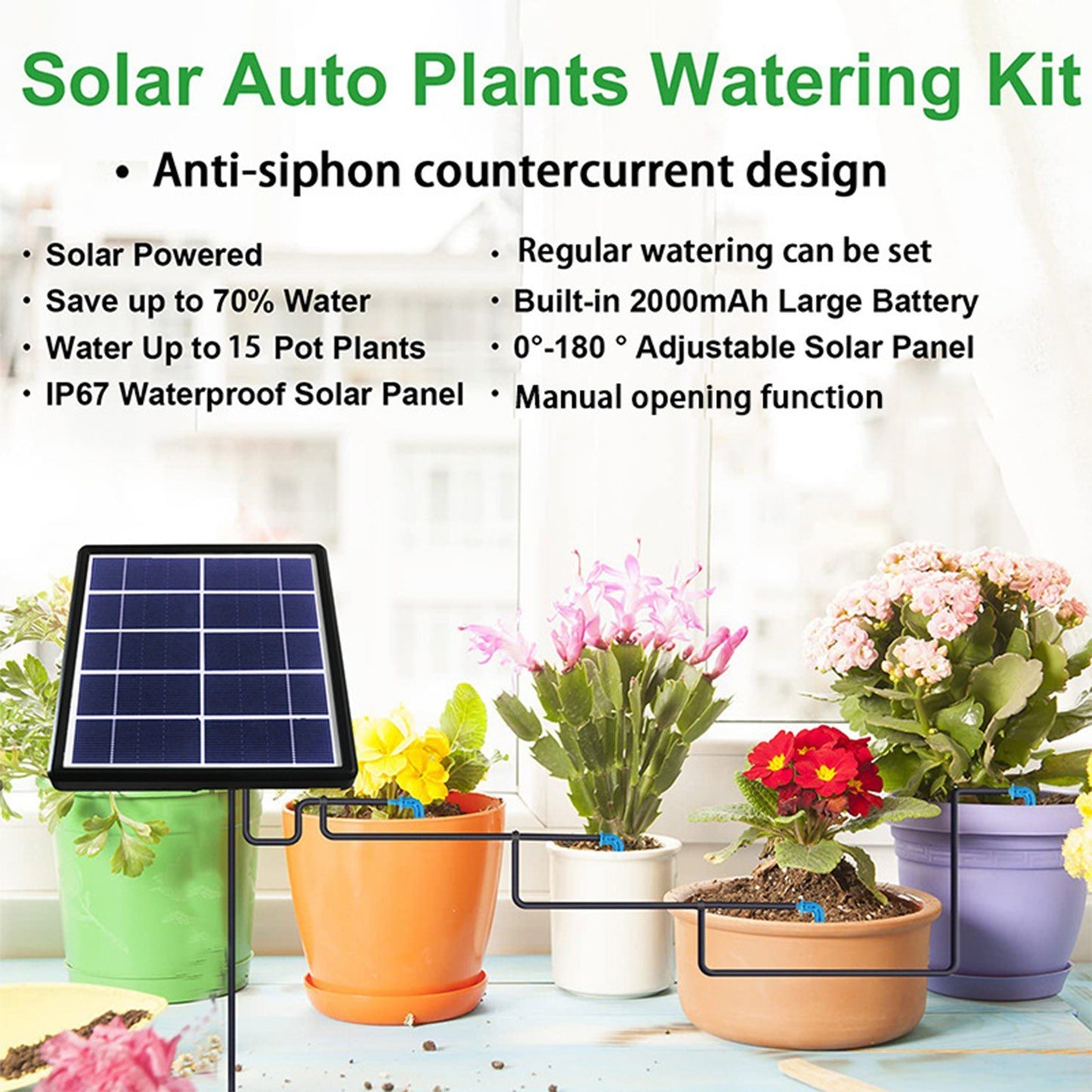 Solar Powered Automatic Drip Irrigation Kit with Anti-Siphon System, 1-600s Timer, DIY Self-Watering for 10-15 Pots in Garden or Balcony