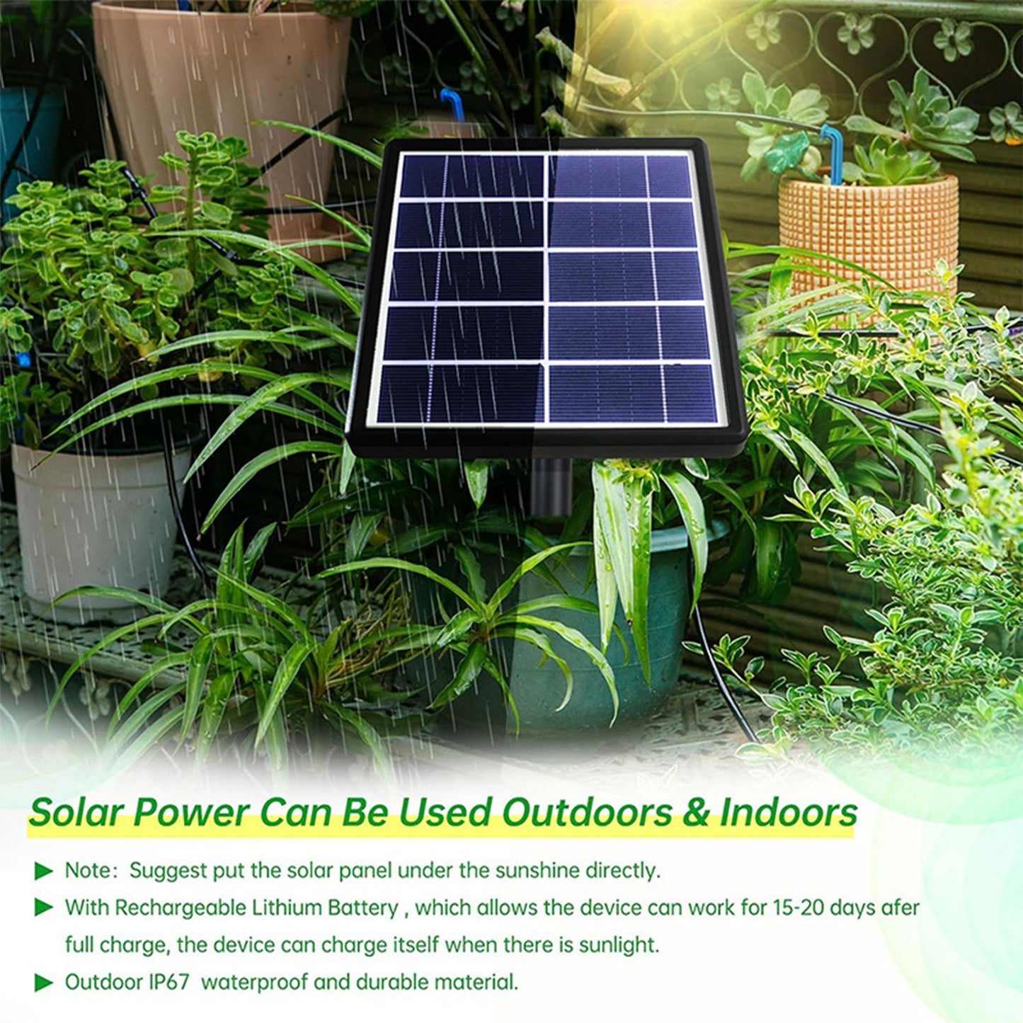 Solar Powered Automatic Drip Irrigation Kit with Anti-Siphon System, 1-600s Timer, DIY Self-Watering for 10-15 Pots in Garden or Balcony