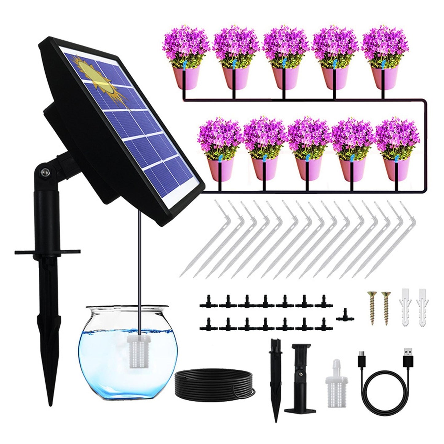 Solar Powered Automatic Drip Irrigation Kit with Anti-Siphon System, 1-600s Timer, DIY Self-Watering for 10-15 Pots in Garden or Balcony