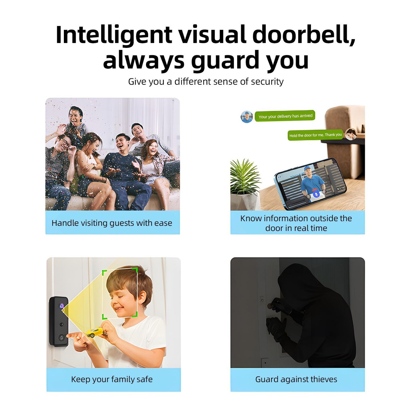Wireless 2.4G WiFi Video Doorbell with Smart AI PIR Detection & IP65 Waterproof