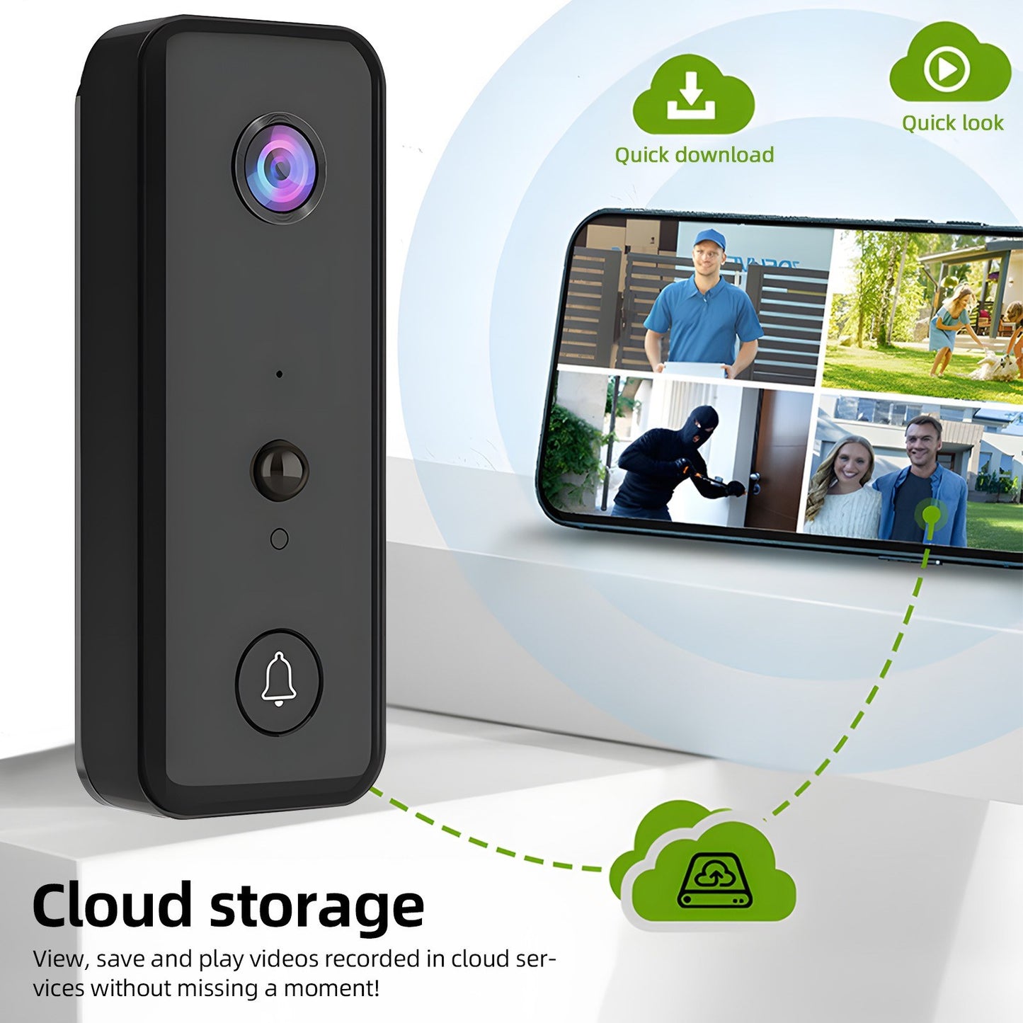 Wireless 2.4G WiFi Video Doorbell with Smart AI PIR Detection & IP65 Waterproof