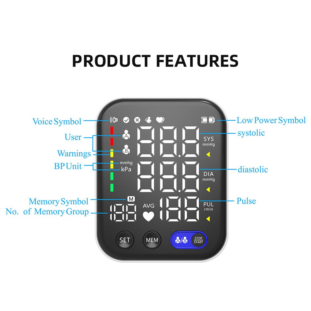 Digital Upper Arm Blood Pressure Monitor with LED Backlit Screen - Automatic BP Machine, 240 Reading Storage for 2 Users