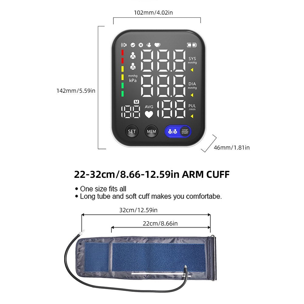 Digital Upper Arm Blood Pressure Monitor with LED Backlit Screen - Automatic BP Machine, 240 Reading Storage for 2 Users
