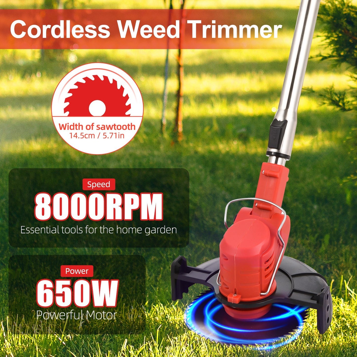 Cordless Electric Weed Wacker, 21V Retractable Grass Trimmer (108-132cm) with 3 Blade Types, Battery & Charger Included for Garden Lawn Yard