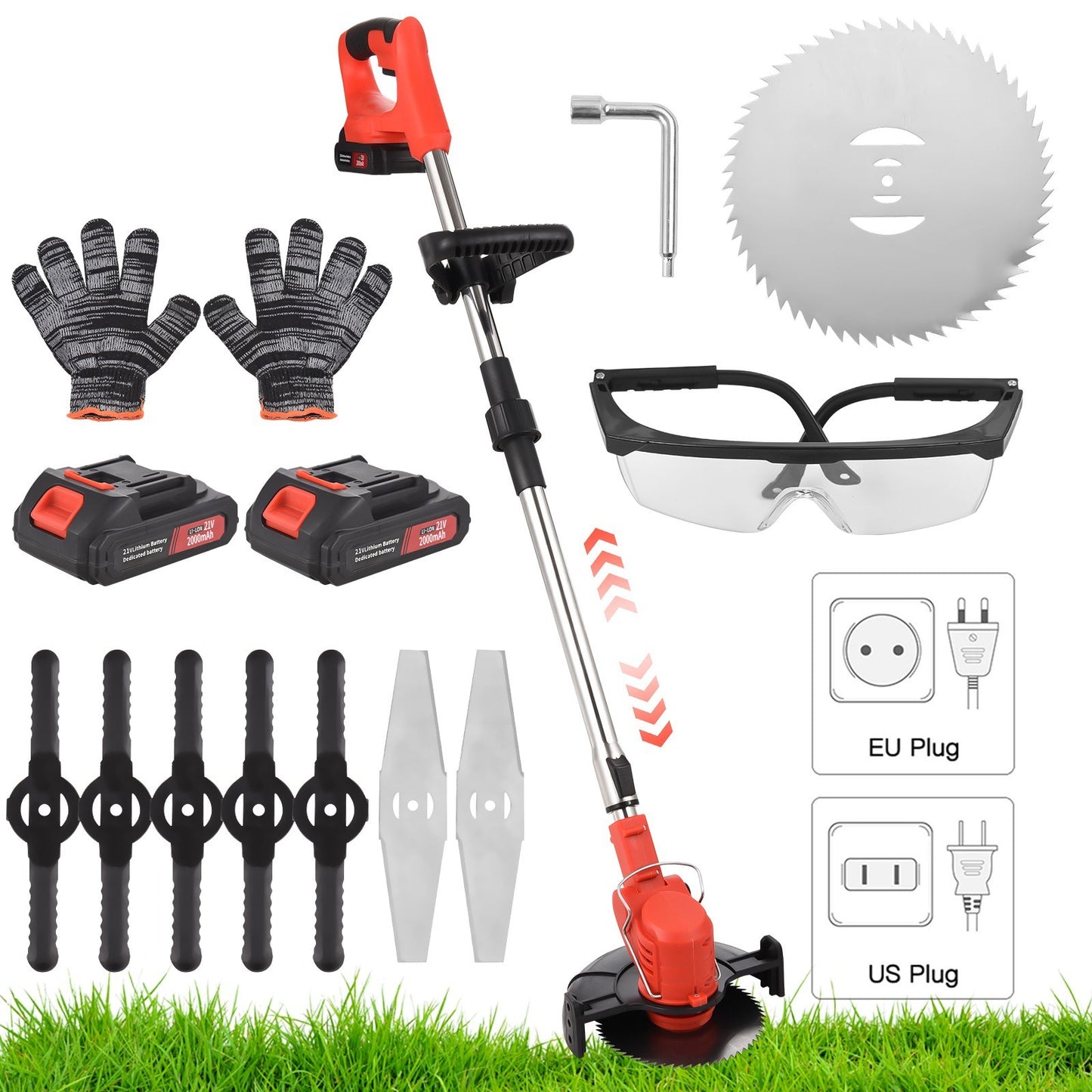 Cordless Electric Weed Wacker, 21V Retractable Grass Trimmer (108-132cm) with 3 Blade Types, Battery & Charger Included for Garden Lawn Yard