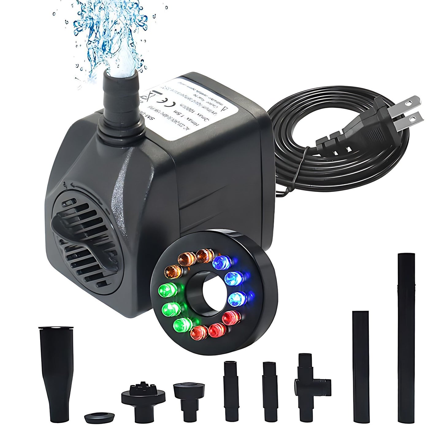 Portable Mini Submersible Water Pump with Colorful Light & Multiple Nozzles, 1000L/H Electric Fountain Pump, Max 4.9ft Lift, Suction Cup Base for Fish Tank, Pond, Aquarium, Pet Drinking