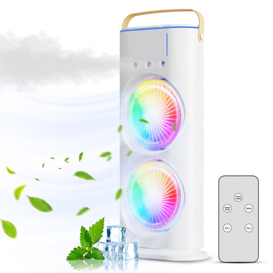 Rechargeable Dual Head Spray Tower Fan with Adjustable Mist Humidifier, Rotatable Desk Fan, 3 Speed Modes & Colorful Ambient Light - Portable for Home, Office, Travel, Camping