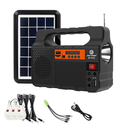Outdoor Solar Generator Kit: Portable Radio, BT Speaker, Phone Charger, Flashlight, Power Station & 3 Bulb Lighting with 3600mAh Battery