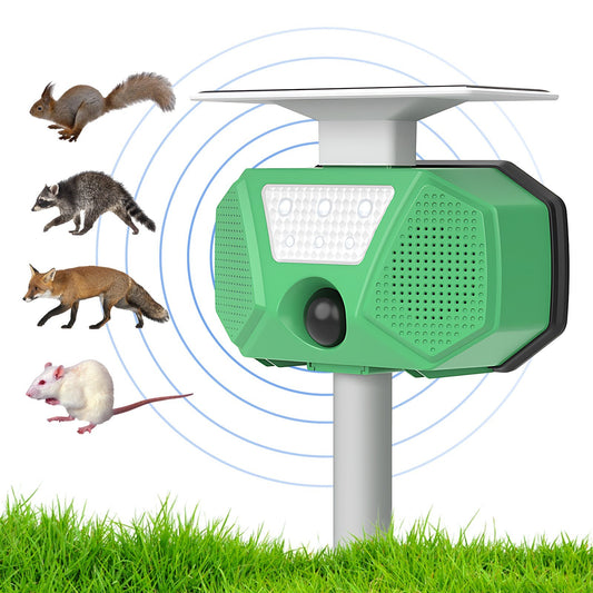 Ultrasonic Solar Mole Repellent: Outdoor IP66 Waterproof Pest & Animal Repeller with Motion Detection, Flash LEDs, Voice Alarm & Detachable Rod