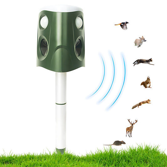 360° Solar Ultrasonic Animal Repeller with PIR Motion Sensor, Flash LEDs & Voice Alarm - IP66 Waterproof Detachable Rod