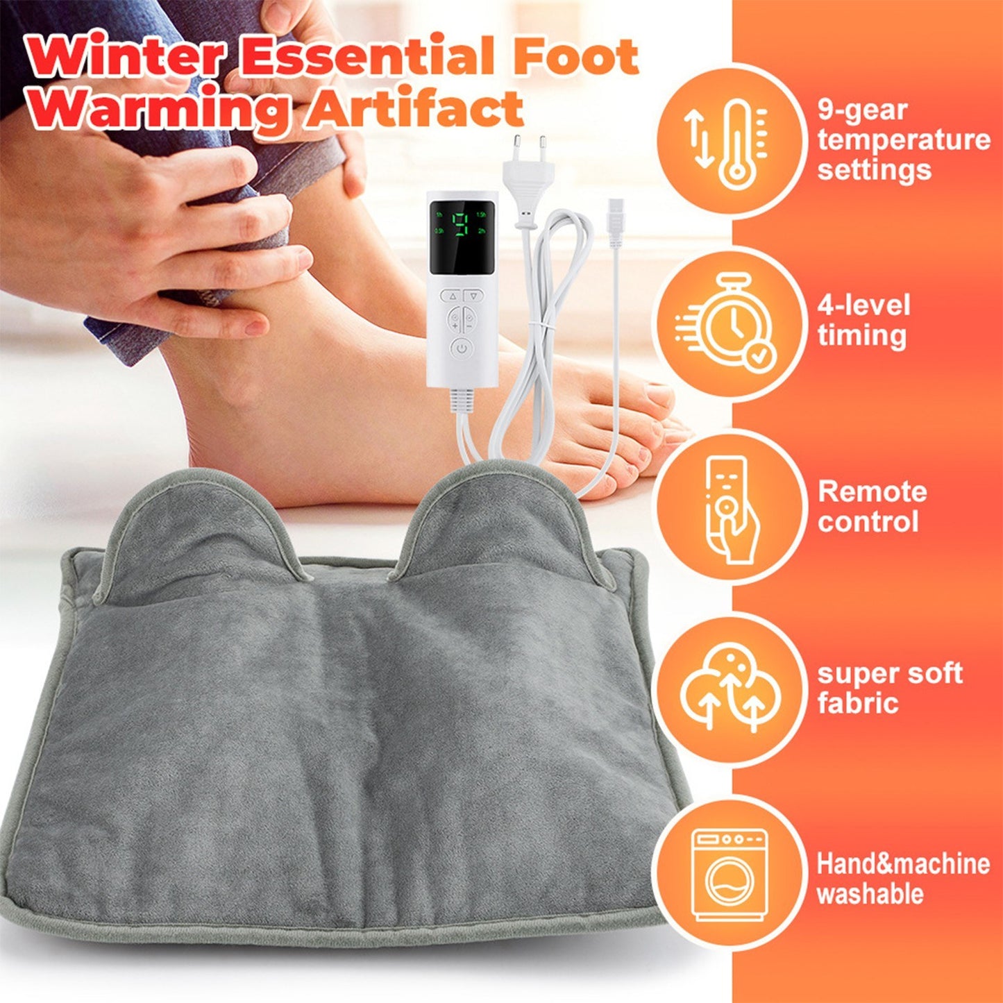 Crystal Super-Soft Electric Foot Warmer with Remote - 9-Temp & 4-Timer Settings, Washable 15.7x15.7in Heating Pad for Home & Office