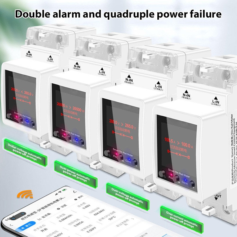 Smart Digital Electricity Meter with APP Control, Rail-Mount, AC85-265V 100A, Color Display, Energy Consumption Monitor for Voltage & Current, 50/60Hz