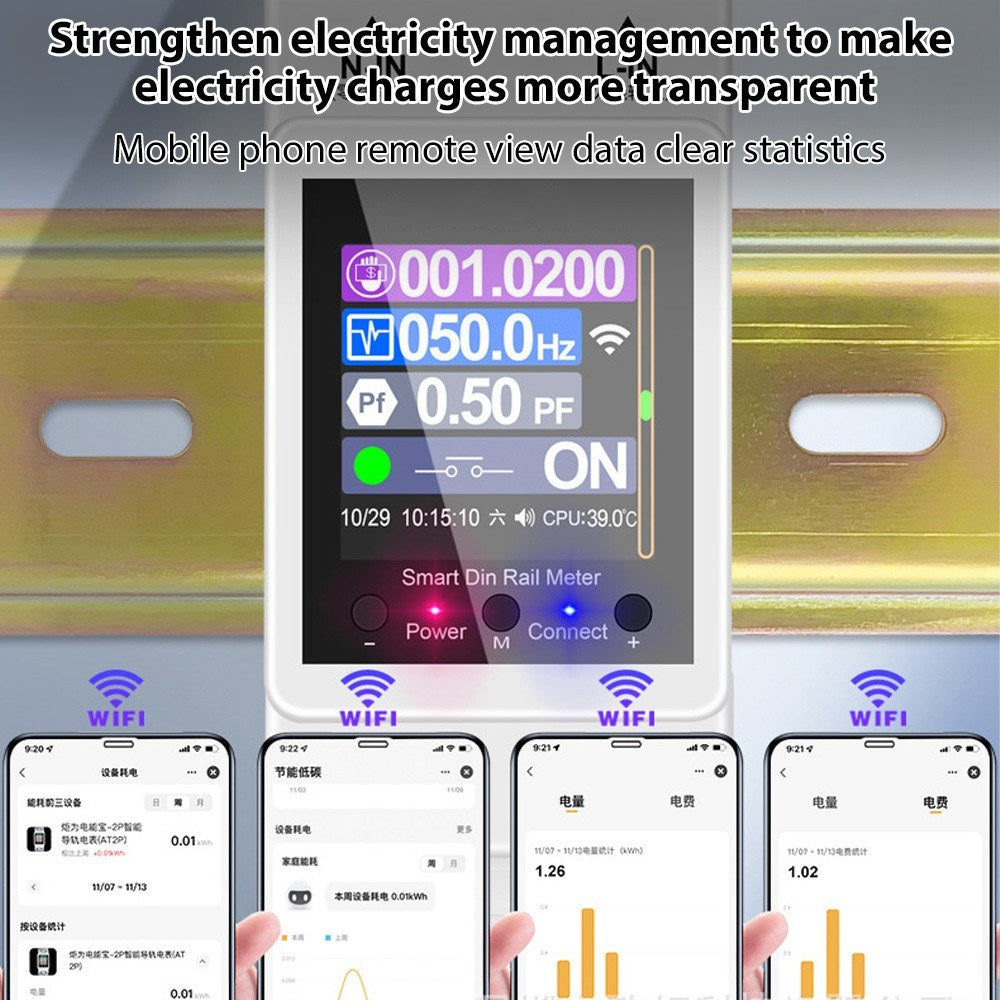 Smart Digital Electricity Meter with APP Control, Rail-Mount, AC85-265V 100A, Color Display, Energy Consumption Monitor for Voltage & Current, 50/60Hz