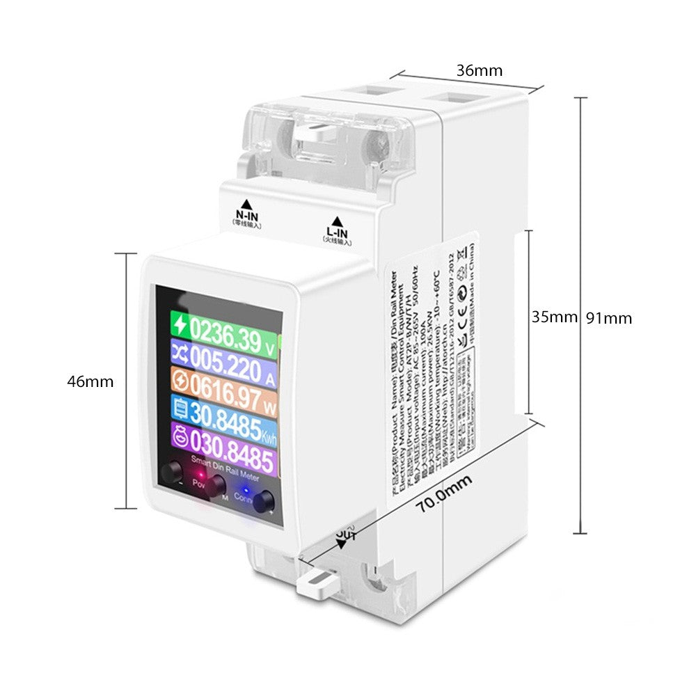 Smart Digital Electricity Meter with APP Control, Rail-Mount, AC85-265V 100A, Color Display, Energy Consumption Monitor for Voltage & Current, 50/60Hz