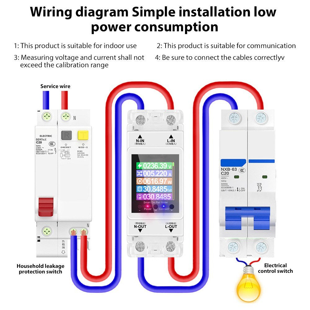 Smart Digital Electricity Meter with APP Control, Rail-Mount, AC85-265V 100A, Color Display, Energy Consumption Monitor for Voltage & Current, 50/60Hz