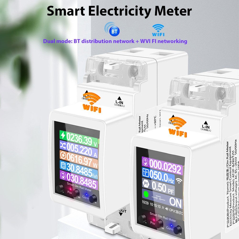 Smart Digital Electricity Meter with APP Control, Rail-Mount, AC85-265V 100A, Color Display, Energy Consumption Monitor for Voltage & Current, 50/60Hz