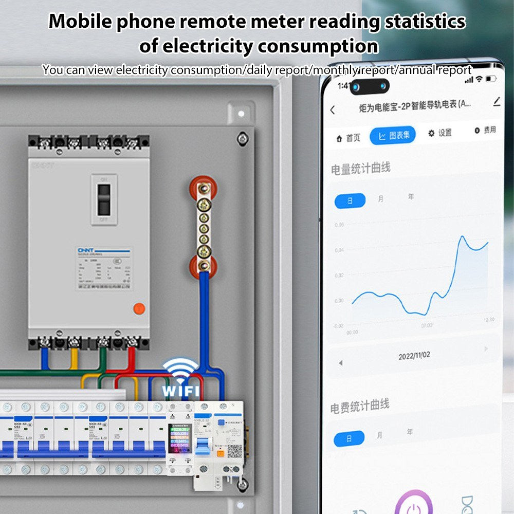 Smart Digital Electricity Meter with APP Control, Rail-Mount, AC85-265V 100A, Color Display, Energy Consumption Monitor for Voltage & Current, 50/60Hz