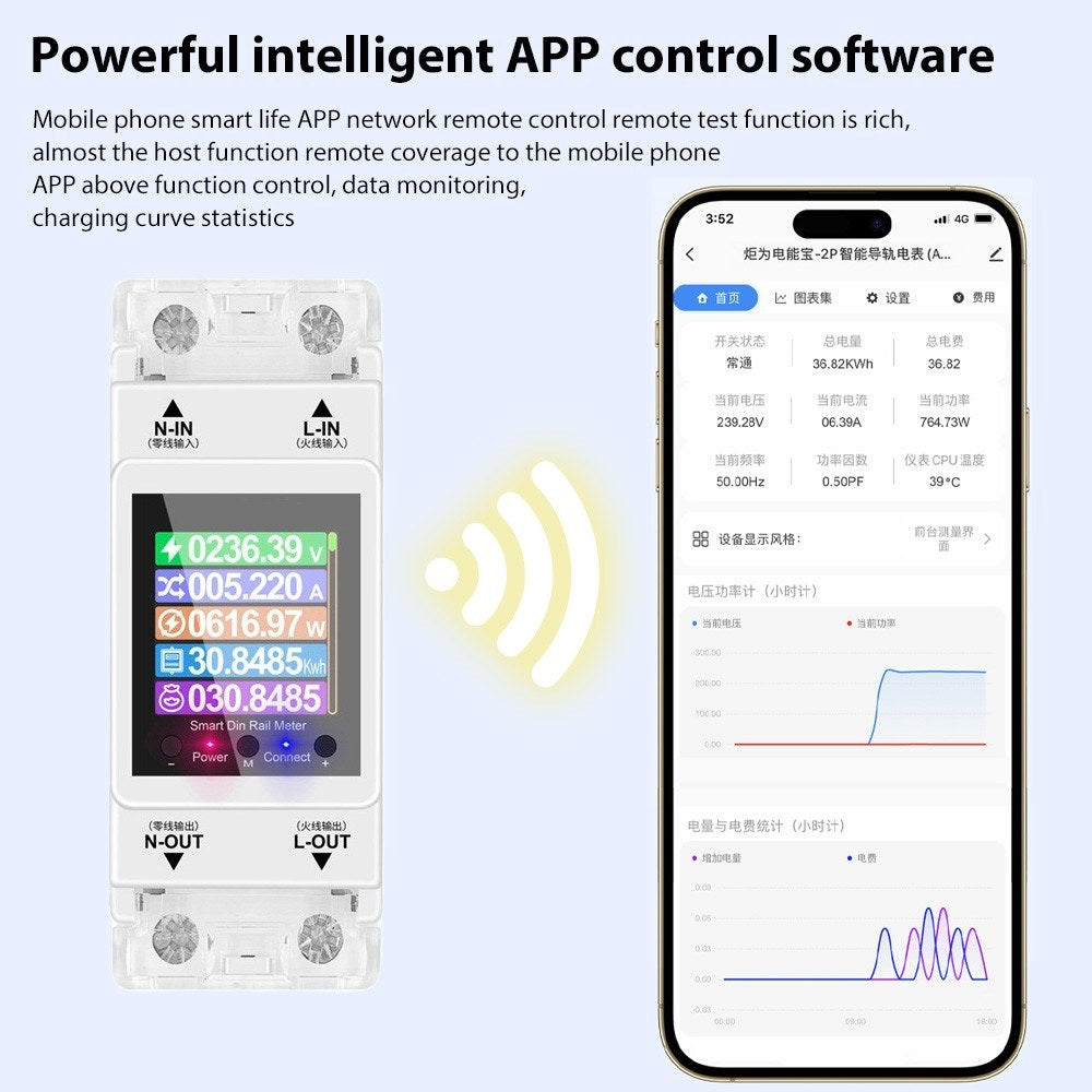 Smart Digital Electricity Meter with APP Control, Rail-Mount, AC85-265V 100A, Color Display, Energy Consumption Monitor for Voltage & Current, 50/60Hz