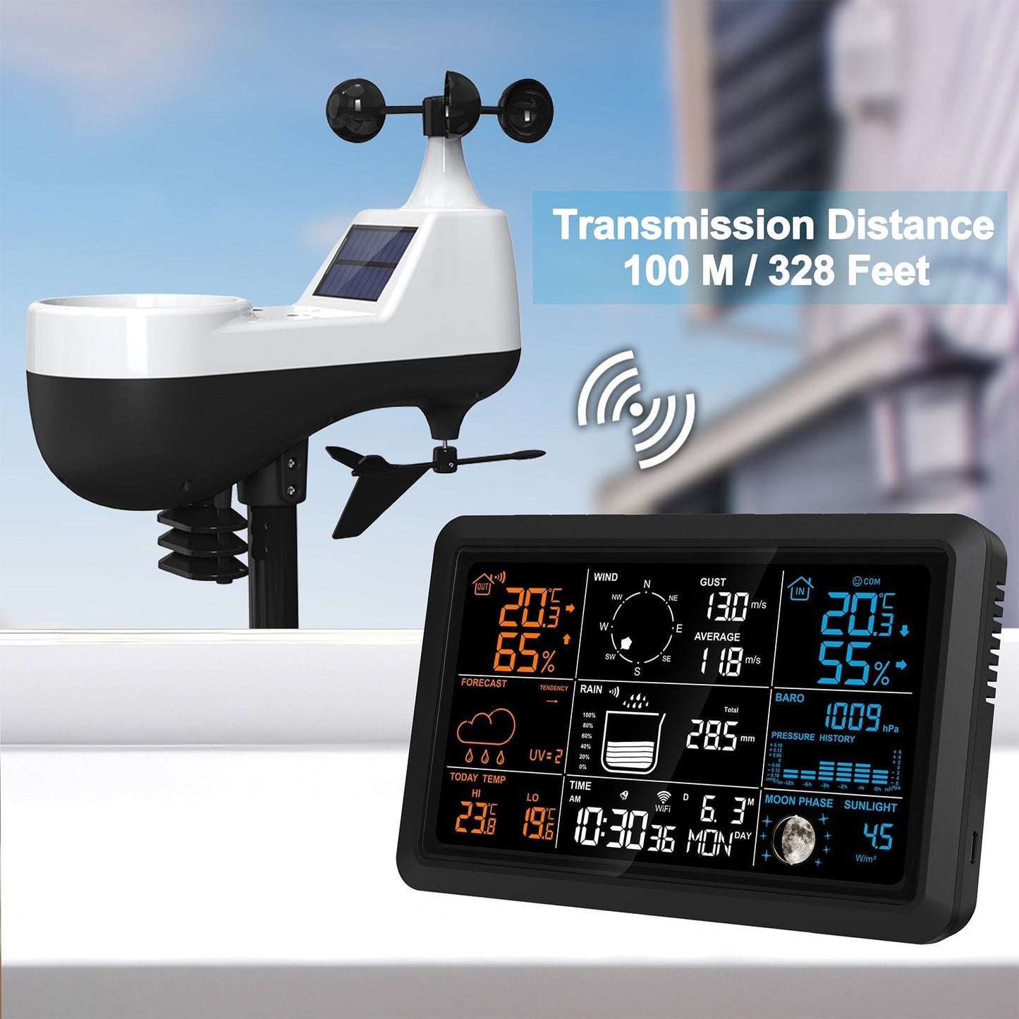 5-in-1 Wireless Weather Station: Digital Indoor Outdoor Forecast with Rain & Wind Gauge, Humidity, Moon Phase, Sunlight, Temperature, Solar-Powered Sensor for Home