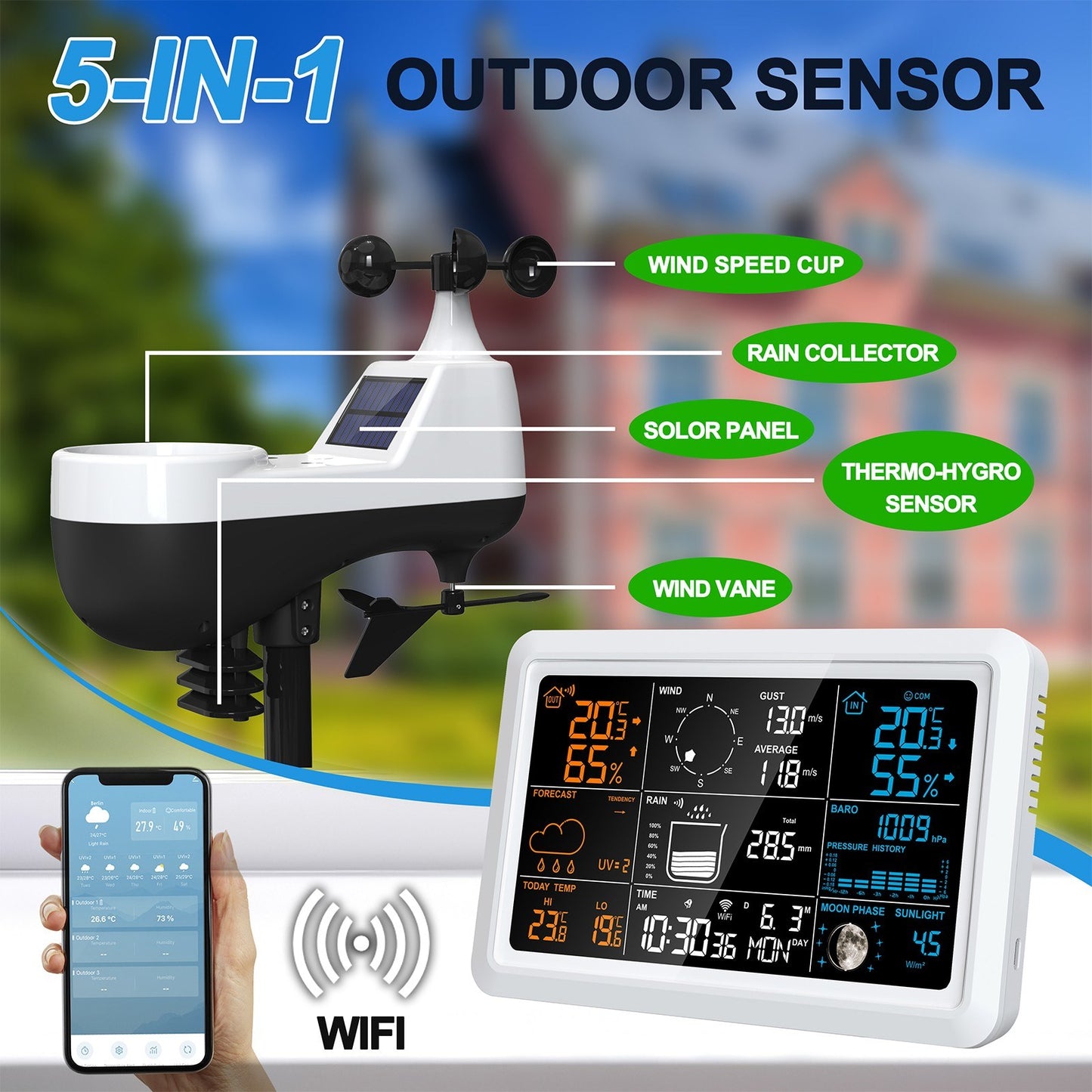 5-in-1 Wireless Weather Station: Digital Indoor Outdoor Forecast with Rain & Wind Gauge, Humidity, Moon Phase, Sunlight, Temperature, Solar-Powered Sensor for Home