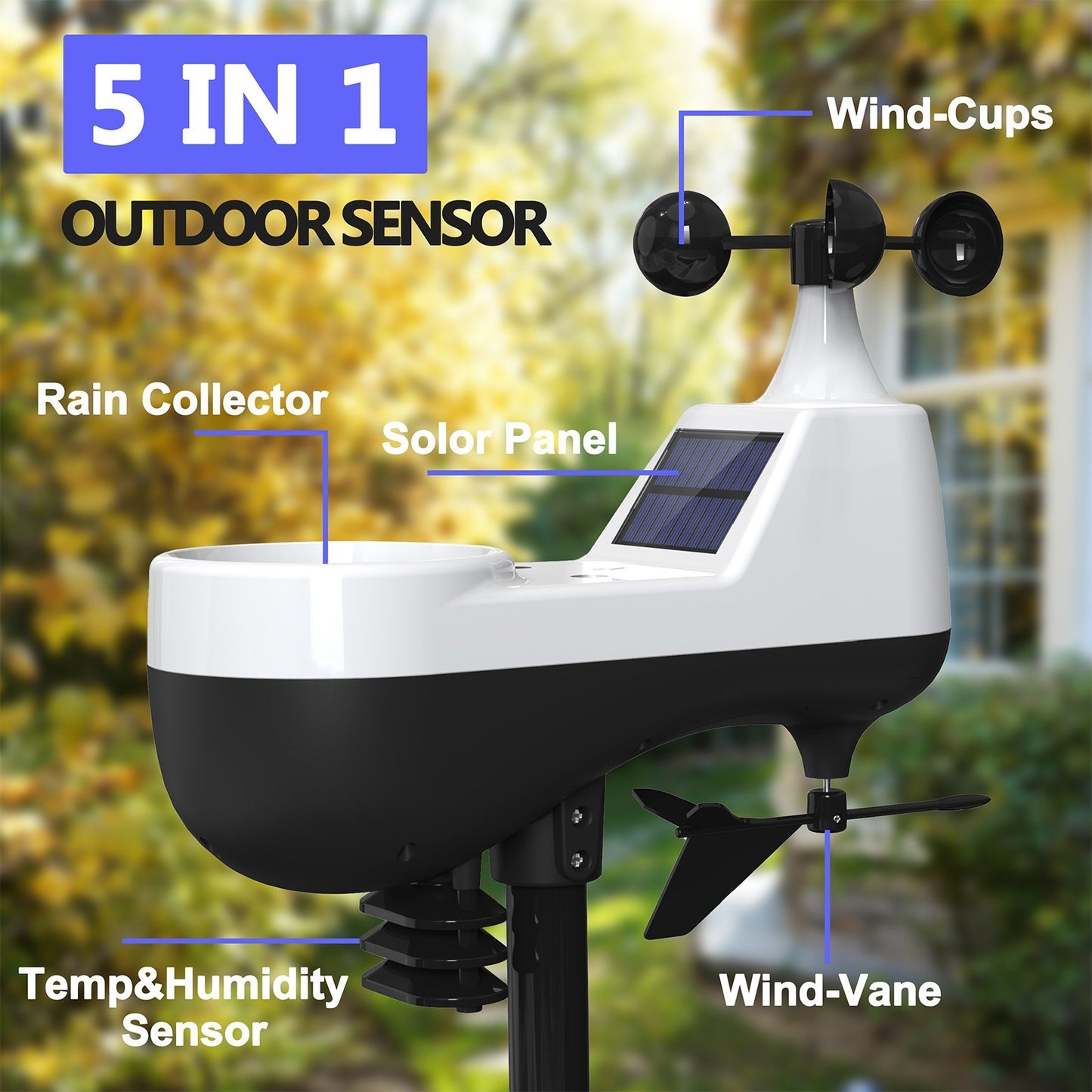 5-in-1 Wireless Weather Station: Digital Indoor Outdoor Forecast with Rain & Wind Gauge, Humidity, Moon Phase, Sunlight, Temperature, Solar-Powered Sensor for Home