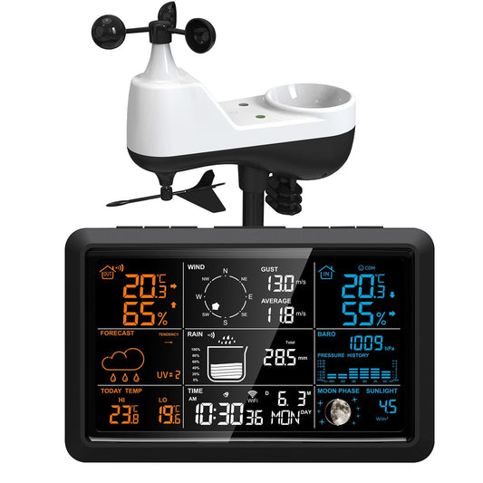5-in-1 Wireless Weather Station: Digital Indoor Outdoor Forecast with Rain & Wind Gauge, Humidity, Moon Phase, Sunlight, Temperature, Solar-Powered Sensor for Home