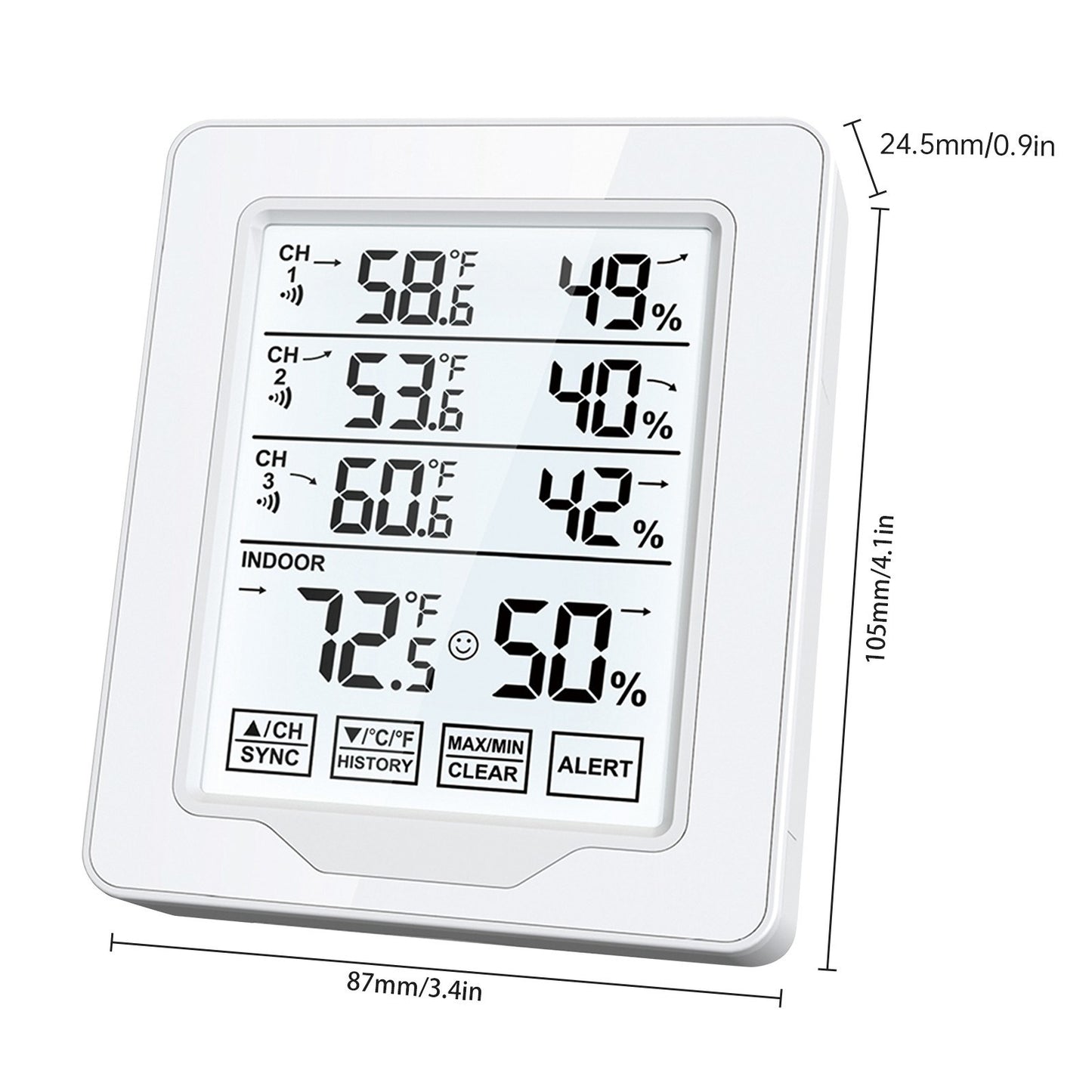 Wireless Indoor Digital Thermometer & Hygrometer with 3 Sensors, HTN Screen, White Backlit Display, 500ft Range