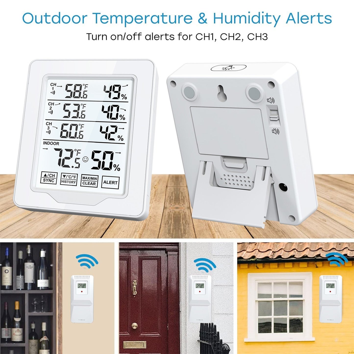 Wireless Indoor Digital Thermometer & Hygrometer with 3 Sensors, HTN Screen, White Backlit Display, 500ft Range