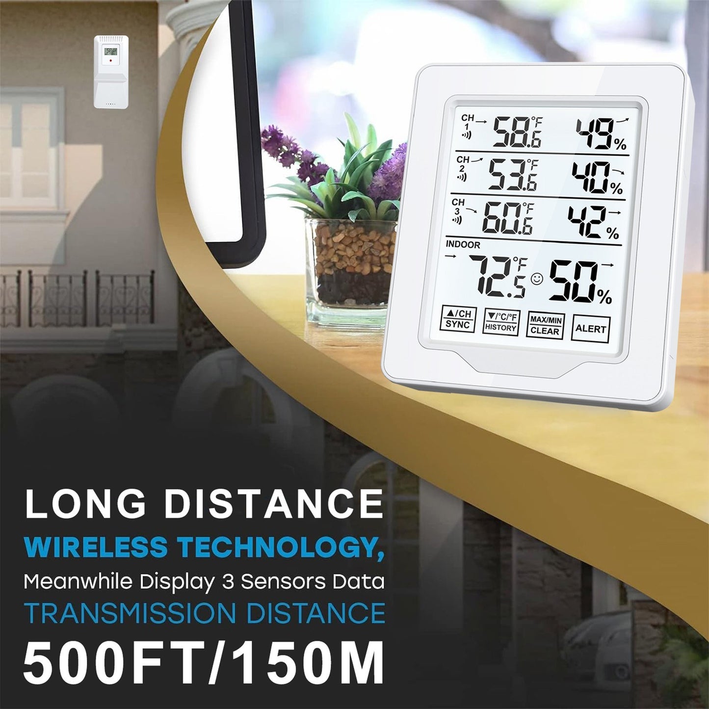 Wireless Indoor Digital Thermometer & Hygrometer with 3 Sensors, HTN Screen, White Backlit Display, 500ft Range