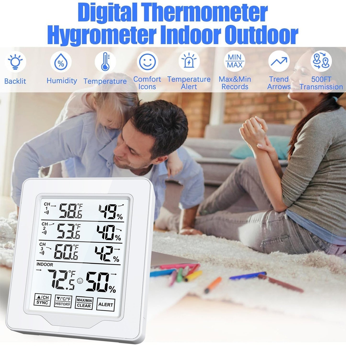 Wireless Indoor Digital Thermometer & Hygrometer with 3 Sensors, HTN Screen, White Backlit Display, 500ft Range