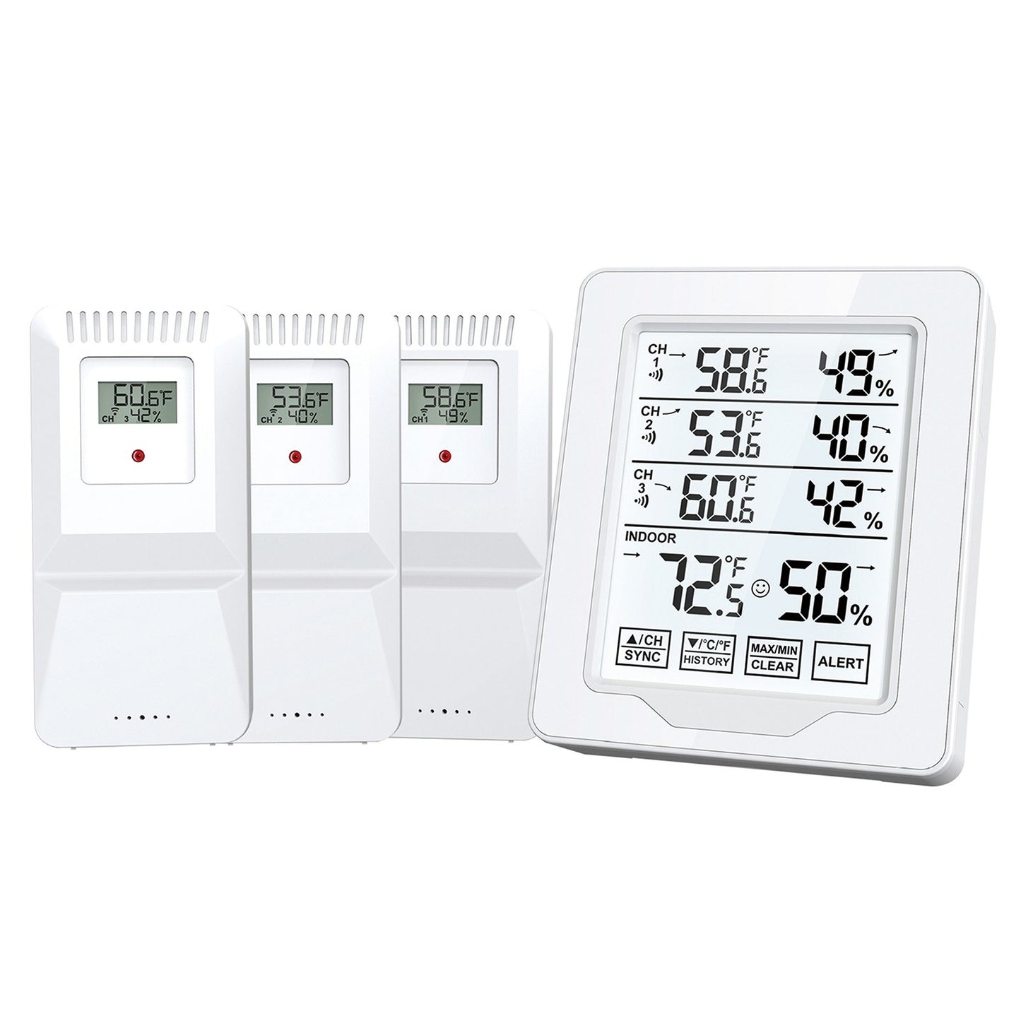 Wireless Indoor Digital Thermometer & Hygrometer with 3 Sensors, HTN Screen, White Backlit Display, 500ft Range