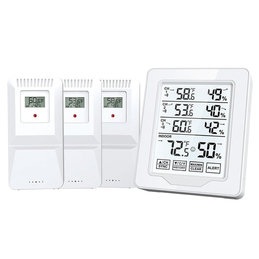 Wireless Indoor Digital Thermometer & Hygrometer with 3 Sensors, HTN Screen, White Backlit Display, 500ft Range
