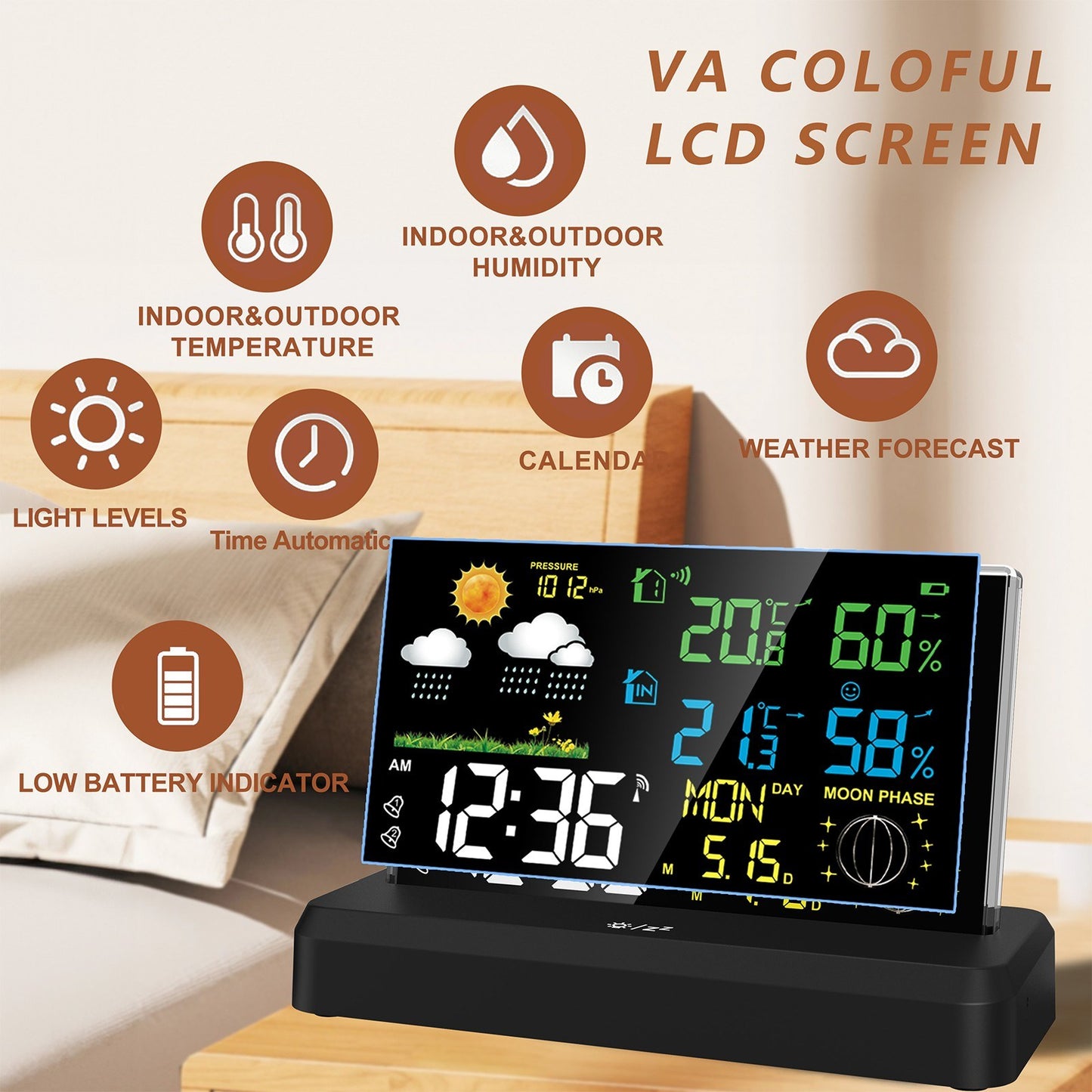 Wireless Digital Alarm Clock with HD Display, Indoor/Outdoor Thermometer & Hygrometer, Weather Forecast Function