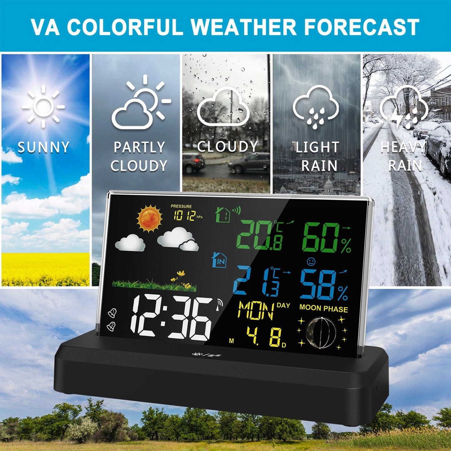 Wireless Digital Alarm Clock with HD Display, Indoor/Outdoor Thermometer & Hygrometer, Weather Forecast Function