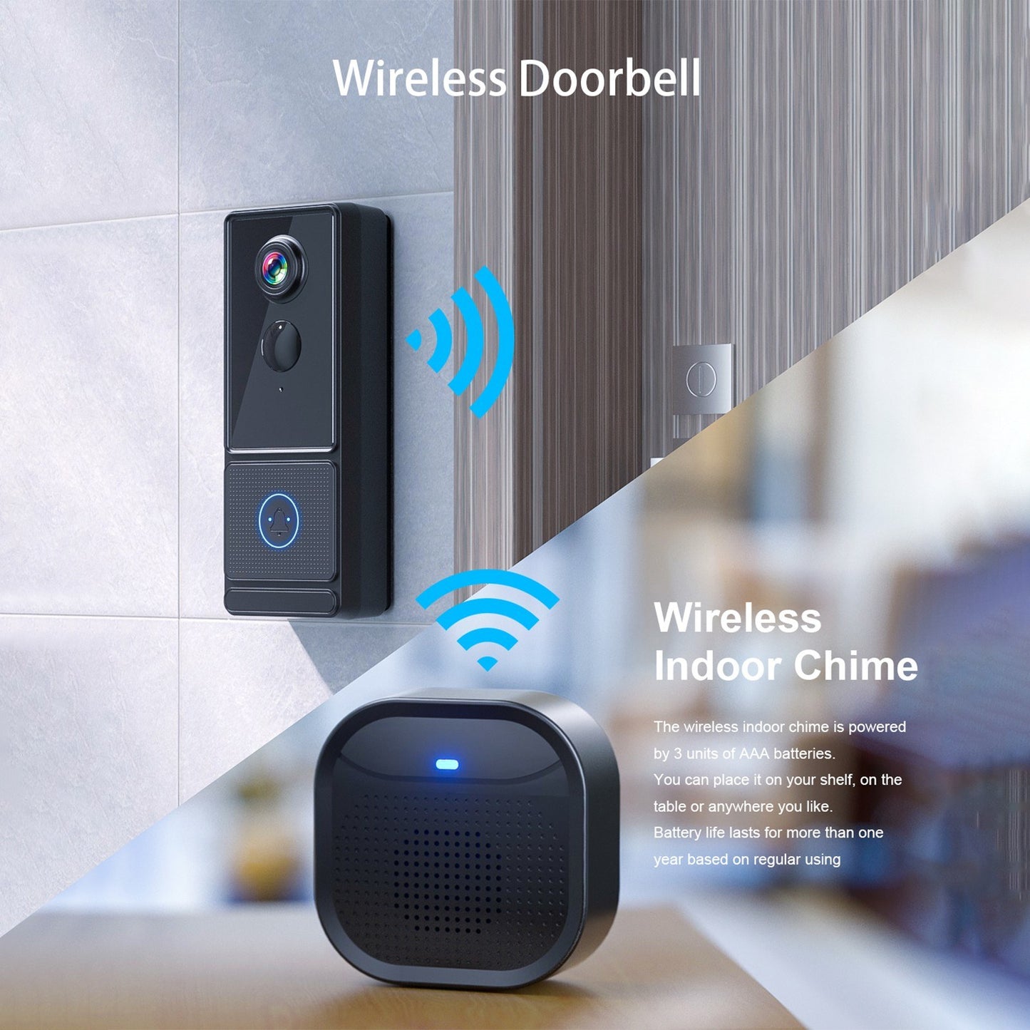 Smart Wireless Doorbell Camera 3MP 2K HD with Chime, Night Vision, PIR Detection, 2-Way Audio, Cloud Storage, IP65 Waterproof, APP Control