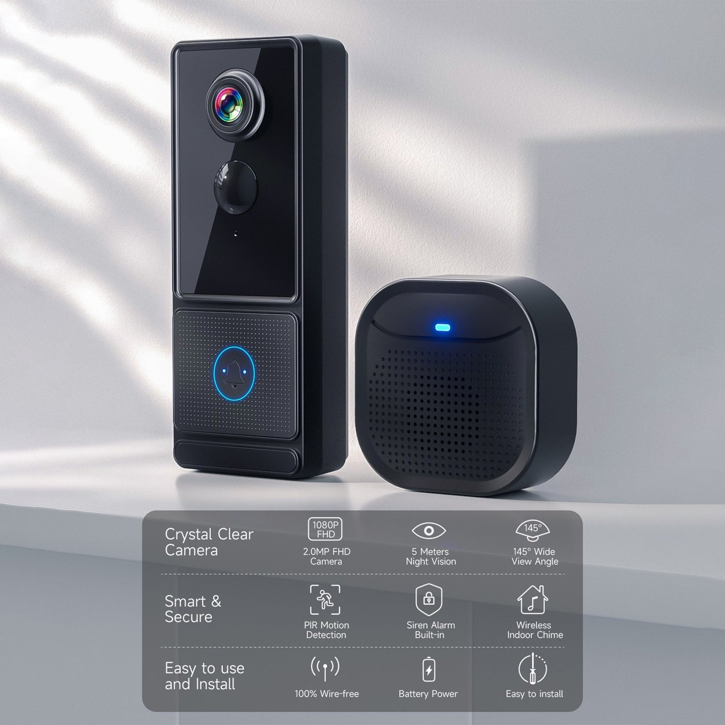 Smart Wireless Doorbell Camera 3MP 2K HD with Chime, Night Vision, PIR Detection, 2-Way Audio, Cloud Storage, IP65 Waterproof, APP Control