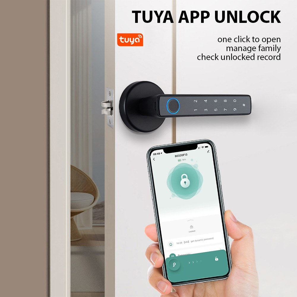 Wafu 4-in-1 Keyless Smart Lock: Biometric & Password Entry with Tuya App & BT Remote for 35-55mm Doors
