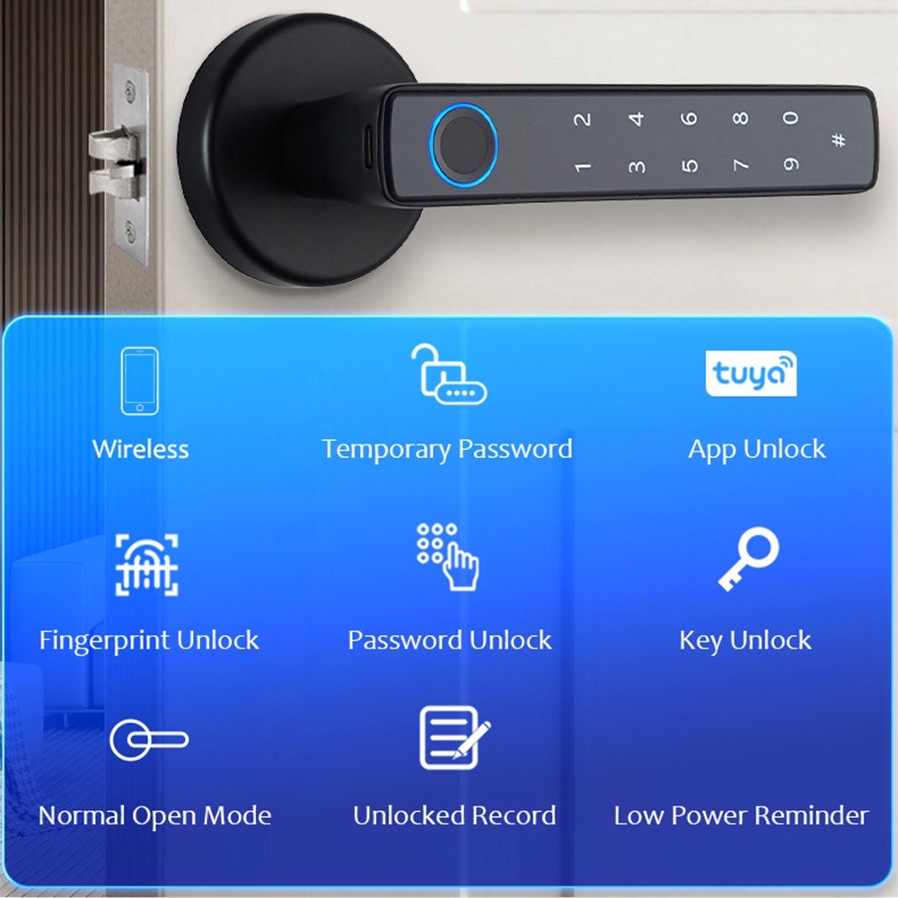 Wafu 4-in-1 Keyless Smart Lock: Biometric & Password Entry with Tuya App & BT Remote for 35-55mm Doors