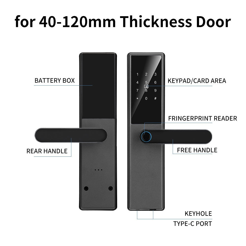 Smart Door Lock - WAFU Keyless Entry with Biometric, Tuya App, Cards & Keys, Remote Control for Office/Home (40-120mm)