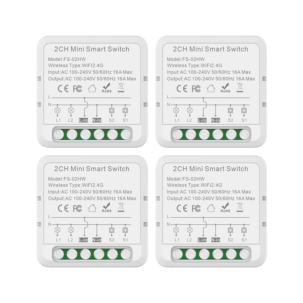 4 Pack 16A WiFi Smart Switch Relay Module - Dual Control, Voice & App Controlled, Tuya Compatible with Countdown & Group Features