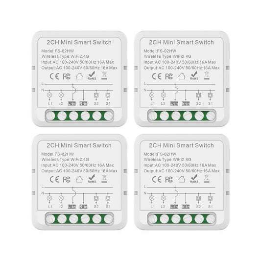 4 Pack 16A WiFi Smart Switch Relay Module - Dual Control, Voice & App Controlled, Tuya Compatible with Countdown & Group Features