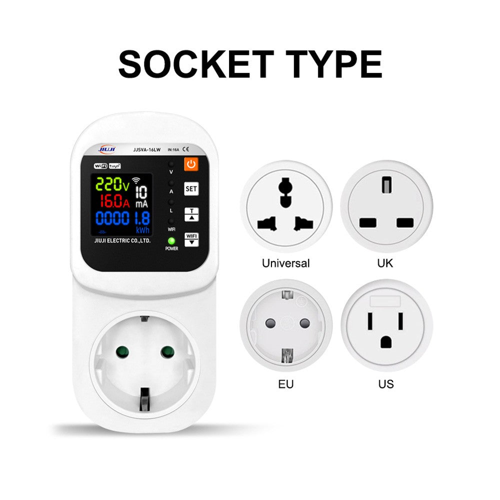 Smart WiFi Socket 16A with LCD Display, Overload Protection & Automatic Reset, Digital Wattmeter & Power Meter, AC 140-300V Voltage & Current Protector for Home Use