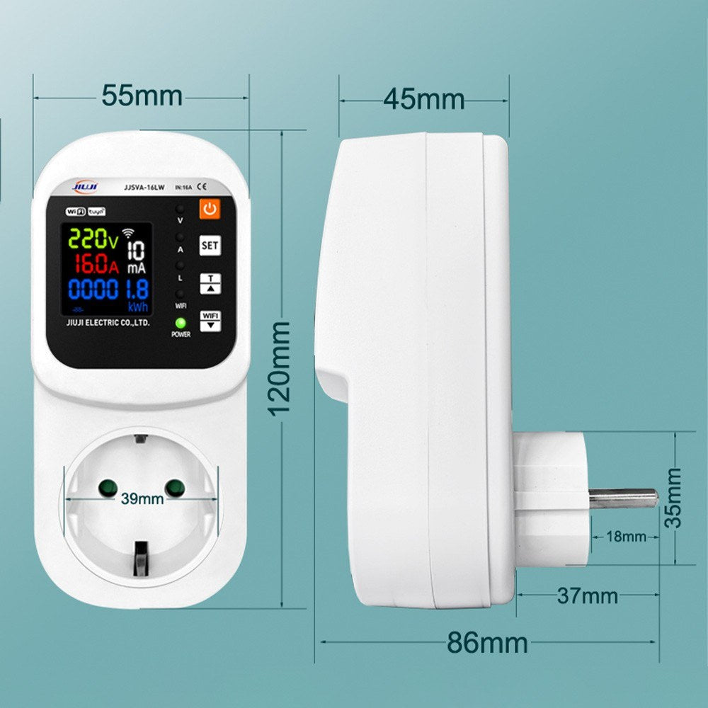 Smart WiFi Socket 16A with LCD Display, Overload Protection & Automatic Reset, Digital Wattmeter & Power Meter, AC 140-300V Voltage & Current Protector for Home Use