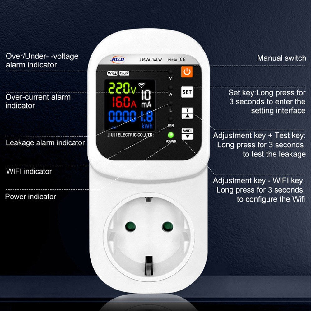 Smart WiFi Socket 16A with LCD Display, Overload Protection & Automatic Reset, Digital Wattmeter & Power Meter, AC 140-300V Voltage & Current Protector for Home Use