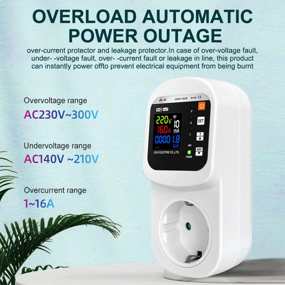 Smart WiFi Socket 16A with LCD Display, Overload Protection & Automatic Reset, Digital Wattmeter & Power Meter, AC 140-300V Voltage & Current Protector for Home Use