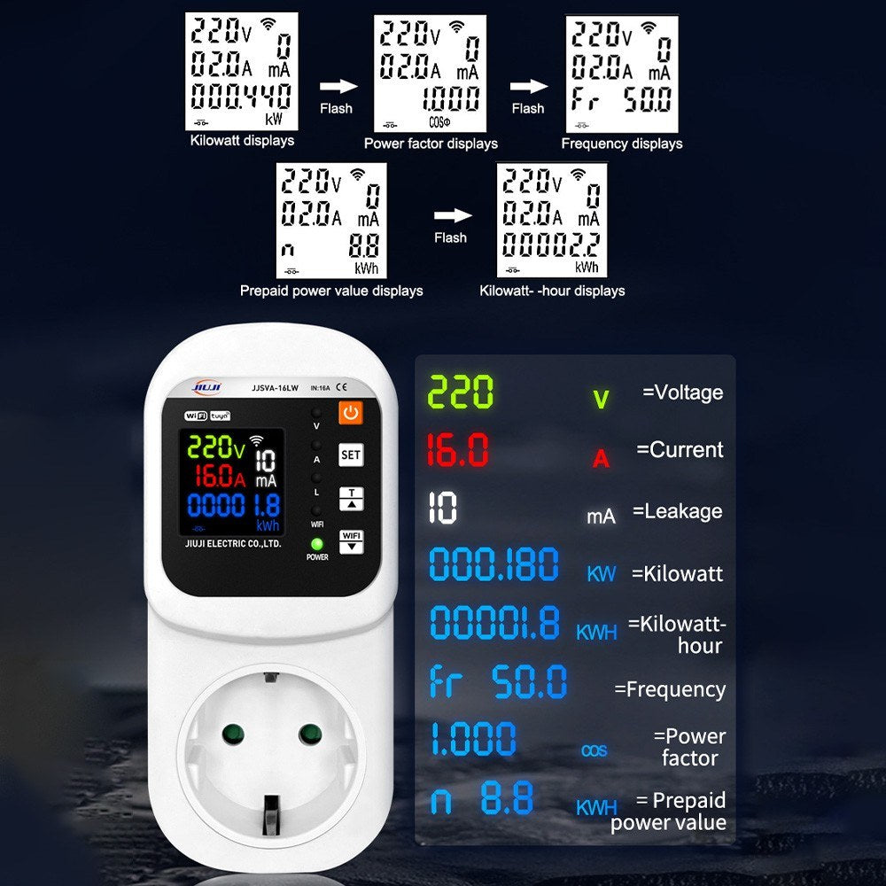 Smart WiFi Socket 16A with LCD Display, Overload Protection & Automatic Reset, Digital Wattmeter & Power Meter, AC 140-300V Voltage & Current Protector for Home Use